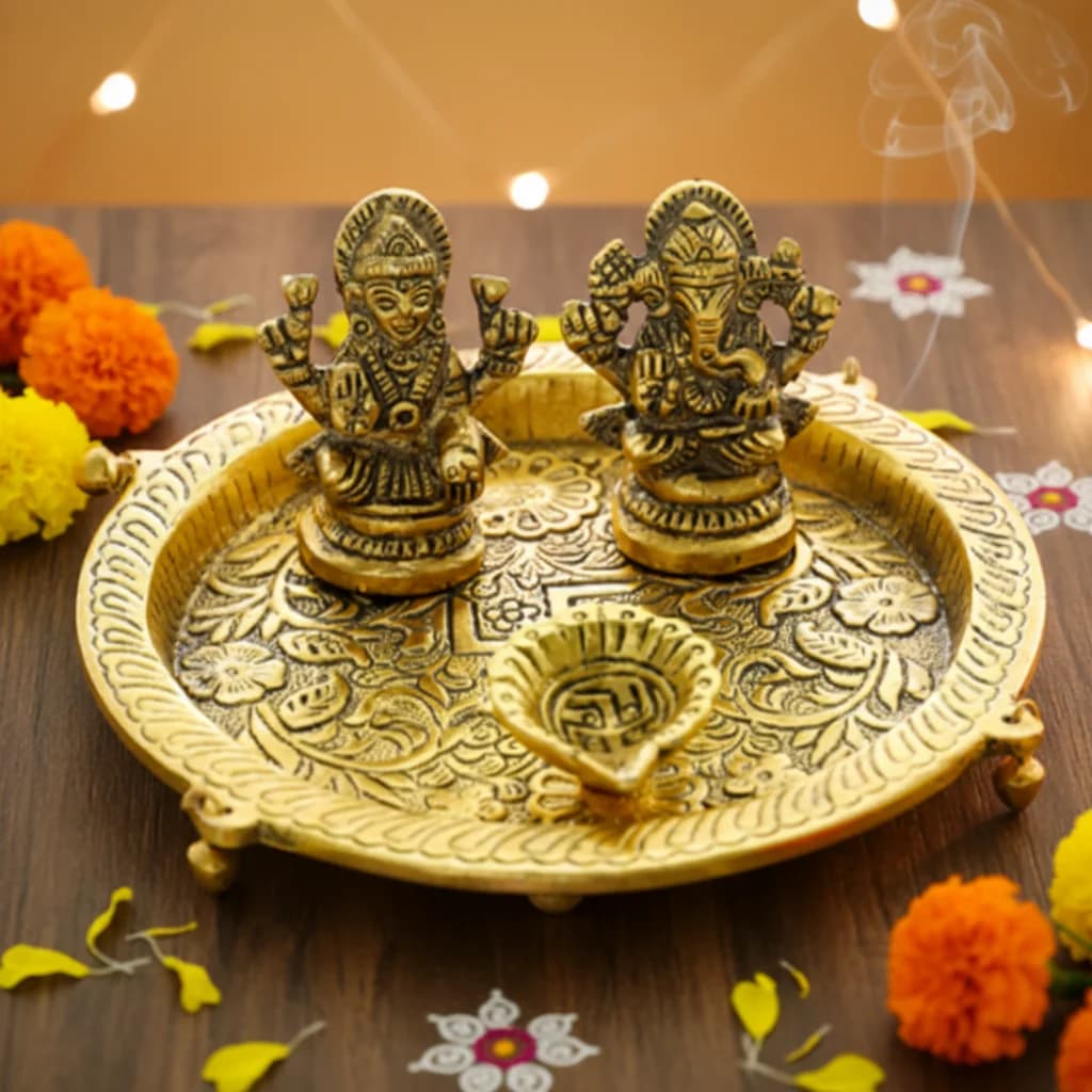 Metal Engraved Ganesh Lakshmi Puja Thali with Idols & Diya for Festive Gifting and Puja