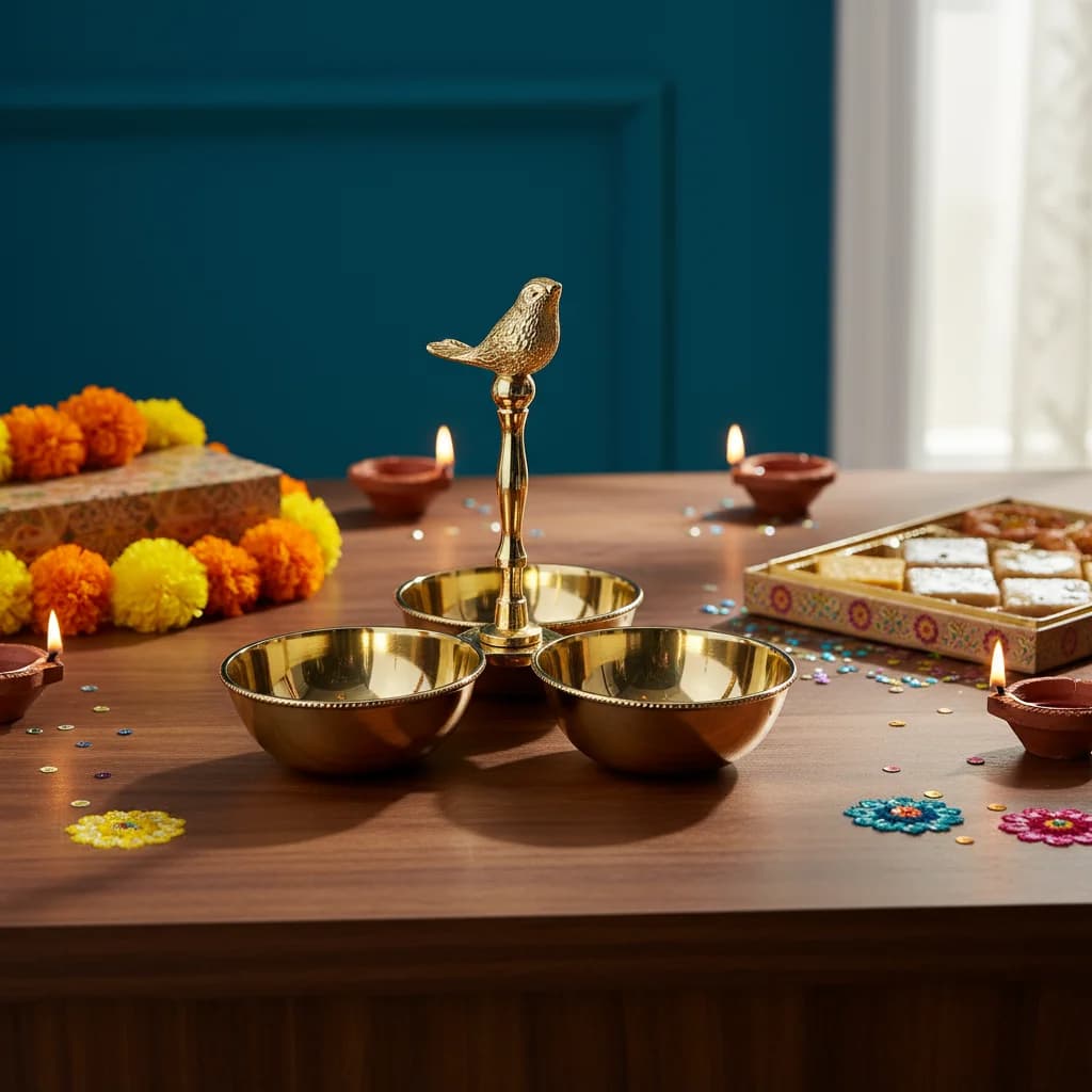 Brass 3 Bowl Holder with Bird for Home Decor / Home Styling
