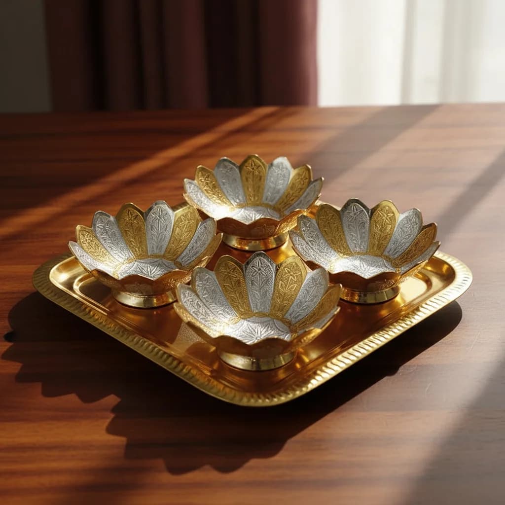 Premium Gold & Silver Lotus Bowl & Tray Set – 9 Pieces