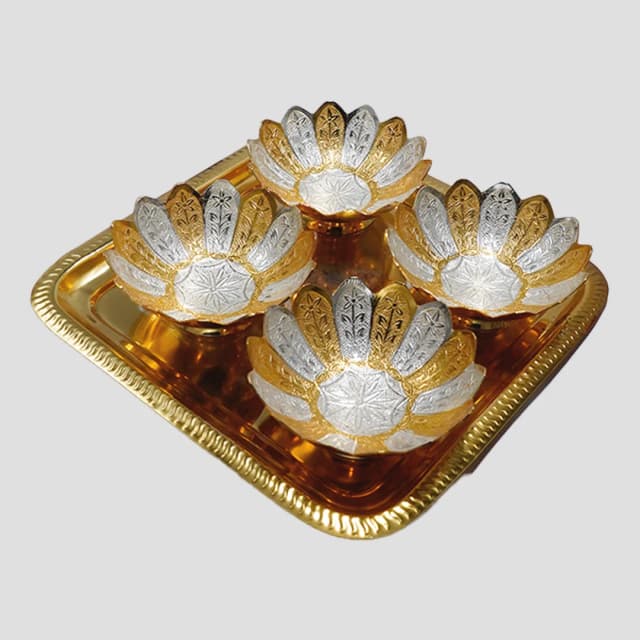 Premium Gold & Silver Lotus Bowl & Tray Set – 9 Pieces