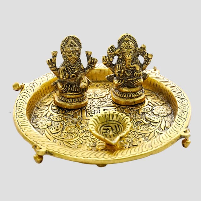 Metal Engraved Ganesh Lakshmi Puja Thali with Idols & Diya for Festive Gifting and Puja